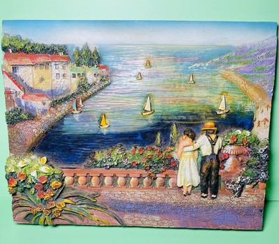 Vintage 3D Resin Plaque Couple Overlooking Water Scene
