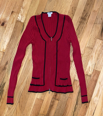 Cache Solid Rib-Knit V-Neck Full Zip Cardigan Sweater L Red Black Trim