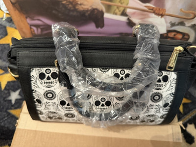 Loungefly Skull Pattern Satchel Top Handle Zip Closure Black White Gold