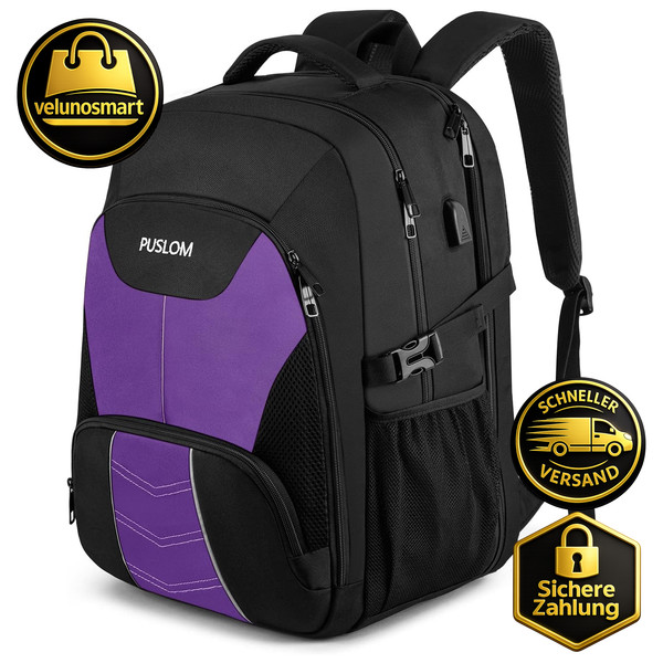 Rucksack 55L Wasserdicht 18,4 Zoll Laptoptasche Mit USB Ladeanschluss Violett-image