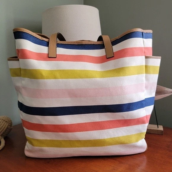 Coach F28523 Hadley Multicolor Canvas Stripe Tan Leather Tote Bag Purse - Image 3 of 4