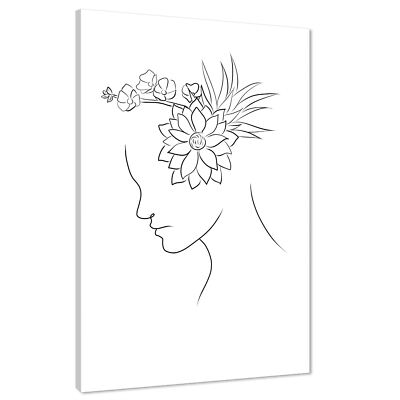 Schwarz-Weiß Figuratives Gesicht und Blumen Strichzeichnung Leinwand Wandbild Bild