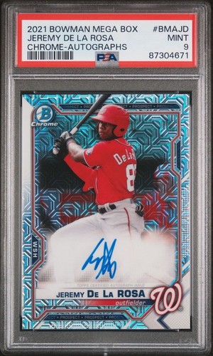2021 Bowman Chrome Mega Box Auto Refractor #BMAJD Jeremy De La Rosa PSA 9 Mint - Afbeelding 1 van 2