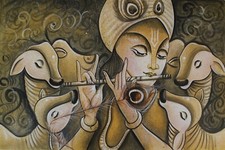 Fait à la Main Krishna Peinture De Lord à Jouer Flûte Avec Vache 96.5x63.5cm