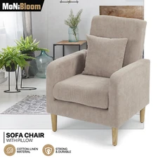 Upholstered Accent Chair Modern Single Sofa Armchair Living Room Beige w/ Pillow