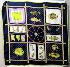 Van Laack rare / fish / fishing tackle / ship's helm / 100 Silk Scarf 34  X 34  