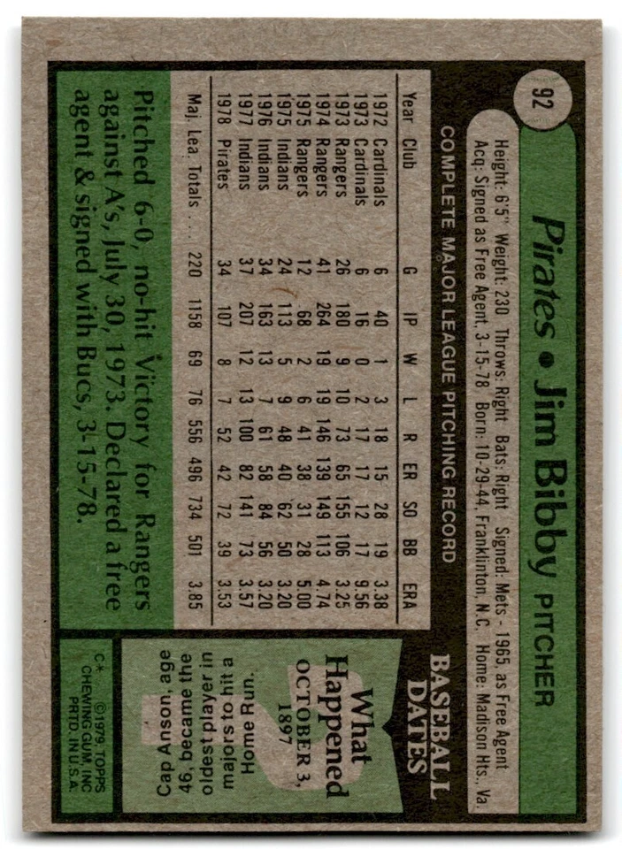 1979 Topps Jim Bibby . Pittsburgh Pirates #92 - Image 2 of 2