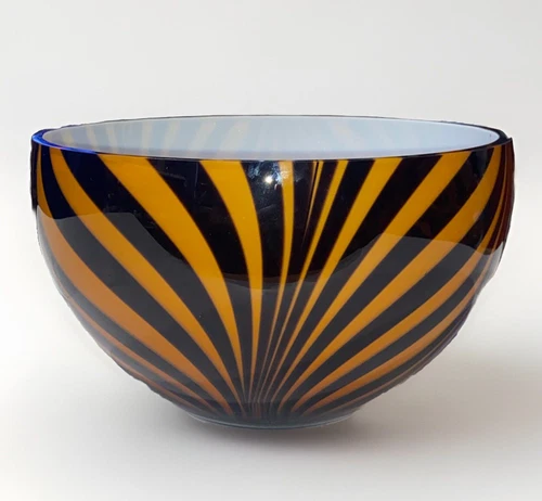 Vintage Murano Style Tiger Striped MCM Glass Bowl~Made In Poland 8.25”W x 6”H