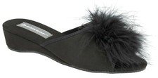 Ladies Womens Wedge Slippers Dunlop Feather Pom Pom Faux Suede Mules Heel Black