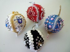  3 Set of 4 Vintage Velvet Beaded Sequin Christmas Ornaments Hand Made