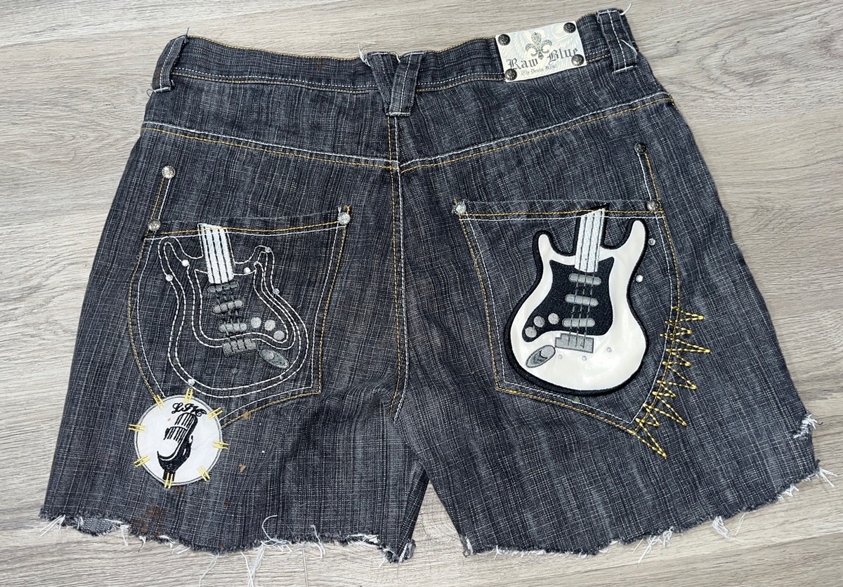 その他 TK Vintage Raw Blue Jeans 34 Black Embroidered Baggy Shorts Guitar