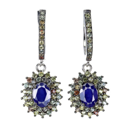 Heated Oval Blue Sapphire Sapphire Gemstone 925 Sterling Silver Jewelry Earrings - Picture 1 of 13