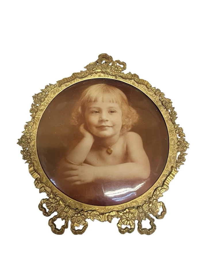 Antique 1900s Celluloid Little Girl Kid Gold Tin Frame Columbia Medallion Studio - Image 3 of 4