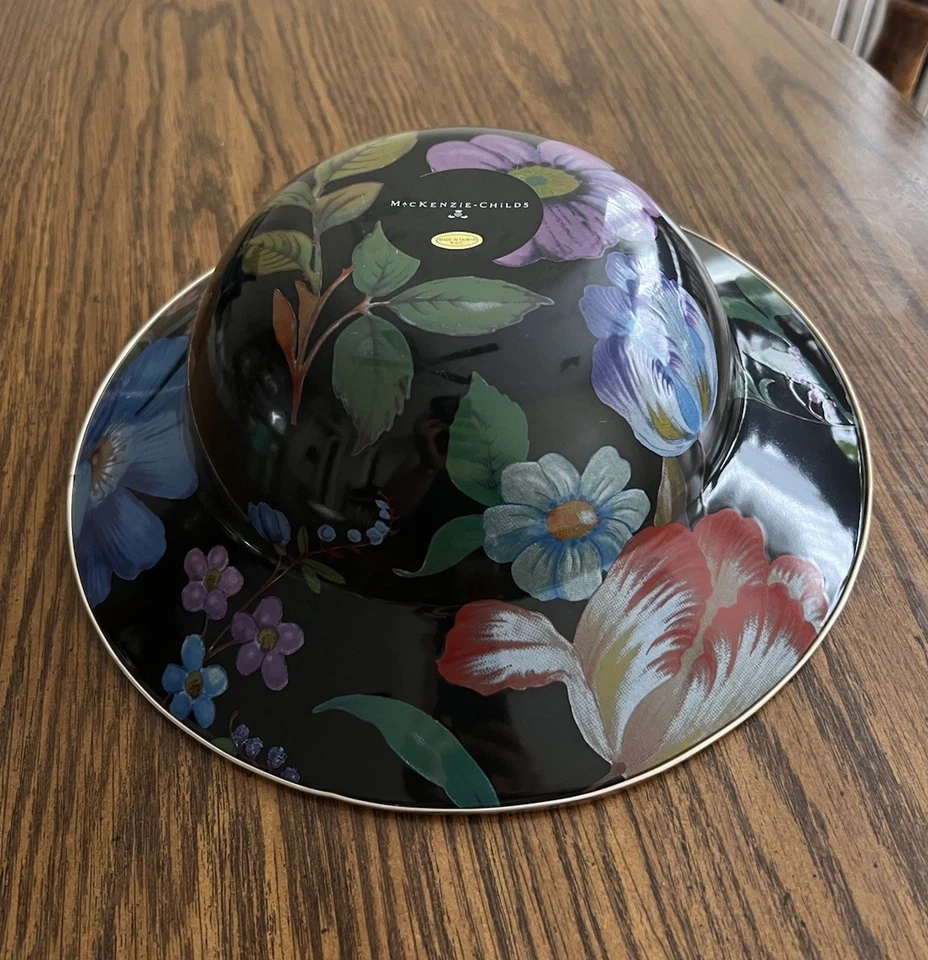 MacKenzie Childs Flower Market Floral Esmalte Negro Cuenco para Servir Borde Dorado Foto 4 de 4