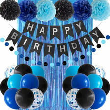 Blue Black Happy Birthday Decorations Banner Balloons Pom Poms Foil Curtain