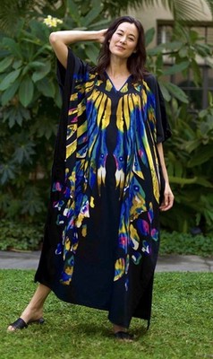 Winlar Black Multicolor Abstract Print V Neck Kimono Sleeve Long Dress, One Size