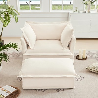 Cream Chenille Armchair and Ottoman Set of 2, Deep Seat, Shape Recovery