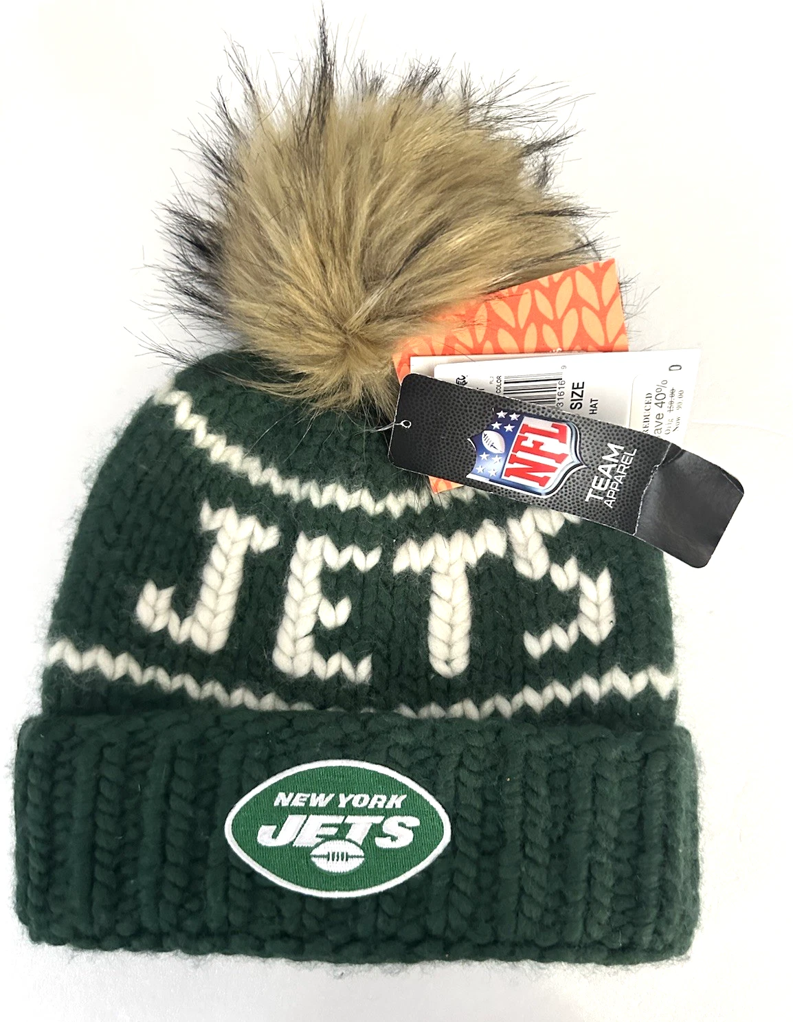 NFL New York Jets Beanie Hat NWT $150 One Size 100% Wool Pom Pom Faux Fur Green