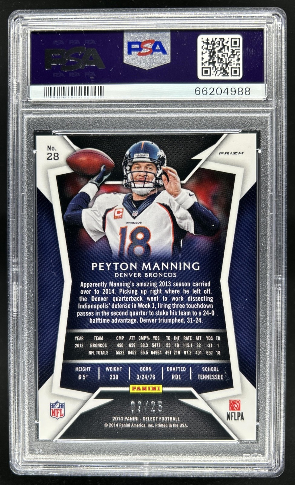 2014 Panini Select Peyton Manning Prizm Purple #/25 Broncos PSA 10 GEM MINT view 2