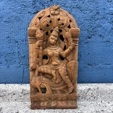 18th C. South Indian Temple Panel Goddess on Peacock Hand Carved