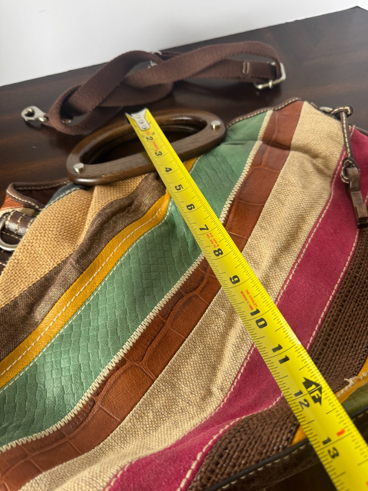 Fossil Patchwork Canvas Leather Handbag Boho Wood… - image 12