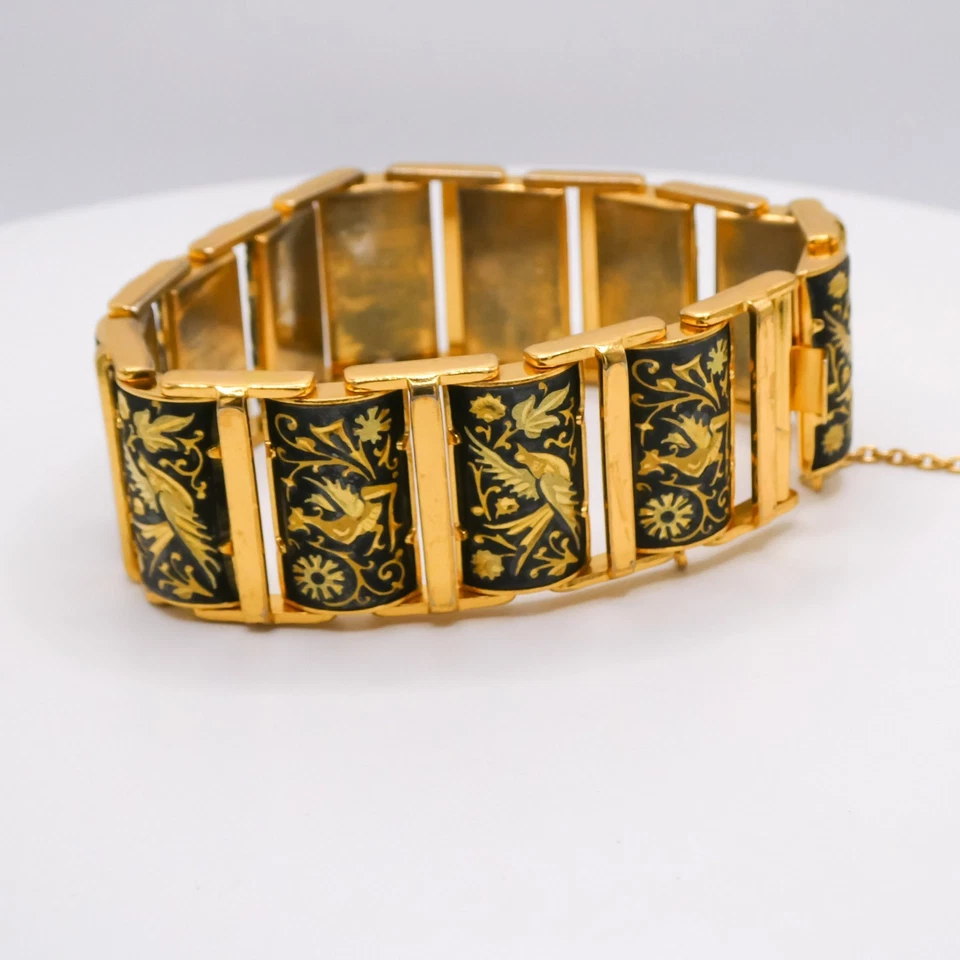 Pulseira Feminina Vintage Damasceno Ouro Flores Pretas Pássaros 7,5" Painel - Imagem 4 de 4