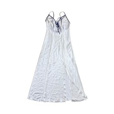 Vintage Victorias Secret Satin Maxi Nightgown Cream Navy Blue Lace Up