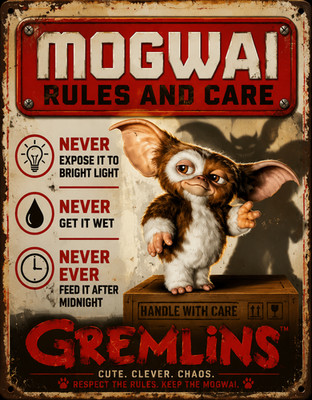Mogwai Gremlins wichtige Regeln gedruckt auf Blechschild Film Wandbild Kinosaal