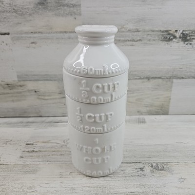 HaynesBesco Ceramic Measuring Cups Milk Bottle Stackable 4 Pc White Farmhouse