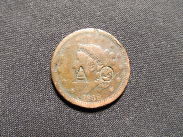 1838 Coronet Head Large Cent - A.O. Counterstamp