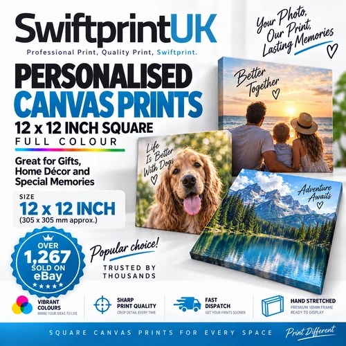 Canvas Print Your Photo Personalised 12x12" 18mm Frame, Ready to Hang Ideal Gift