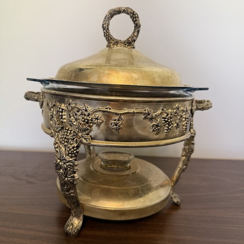 Vtg Godinger Silver Plated Chafing Dish Marinex Glass Insert Grape Design Brazil