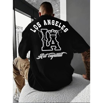 Men's LA-Themed Oversized T-Shirt with LA & LA Lettering Print Graphic Top