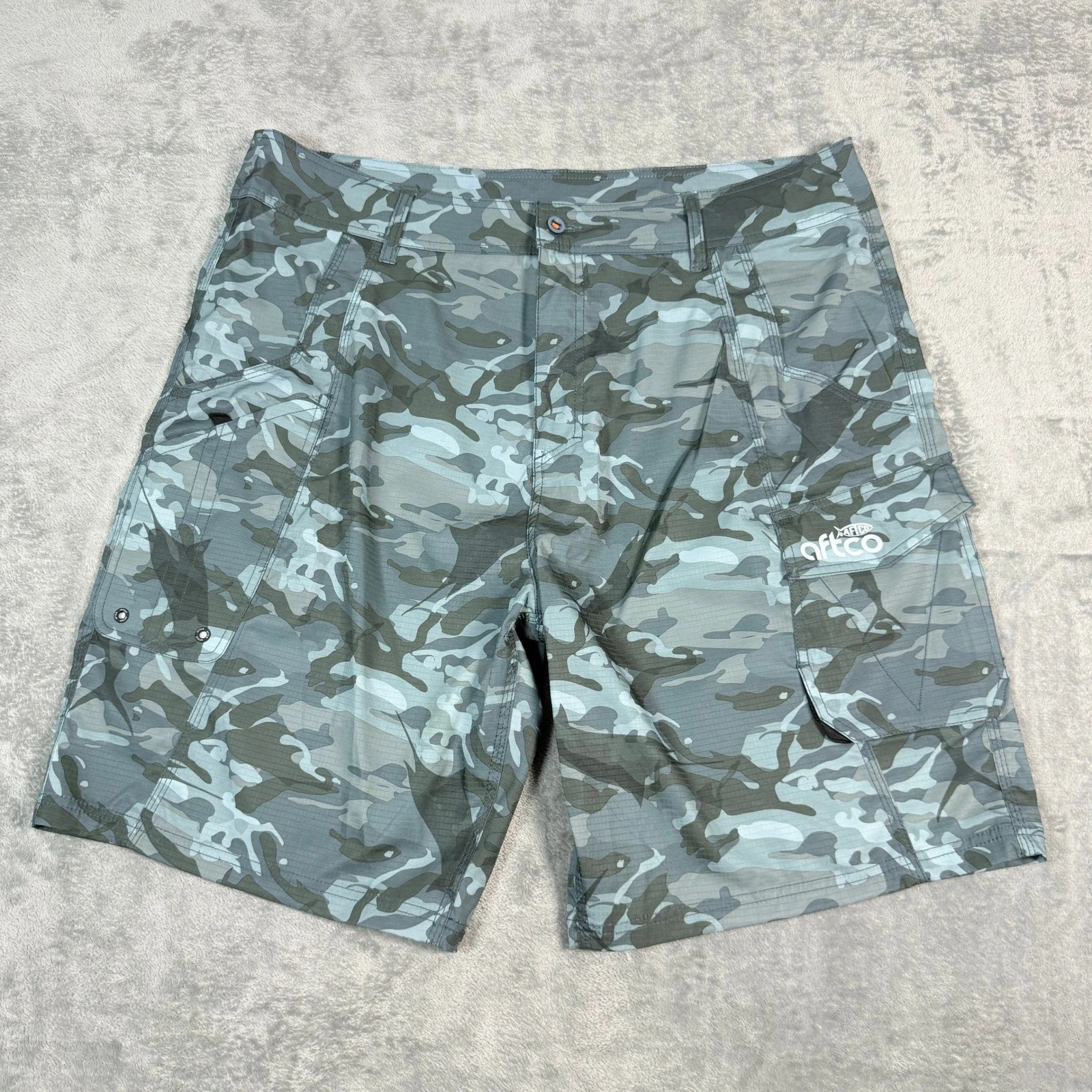 AFTCO Mens 40 Fishing Shorts Camo Blue Gray Ripstop Cargo Tactical