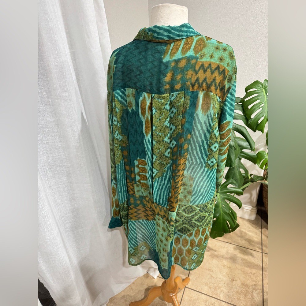 Dalin Plus Sheer Boho Patchwork Button Down Top G… - image 3