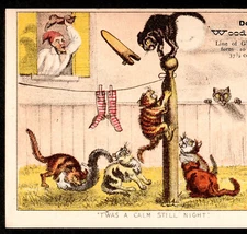 Currier & Ives 1880 Cat Fight Twas a Calm Still Night Dog Trade Card Comic SR.39