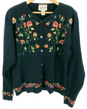 Vtg Woolrich Cardigan Sweater Women's Large Black Embroidered Floral Grandmacore