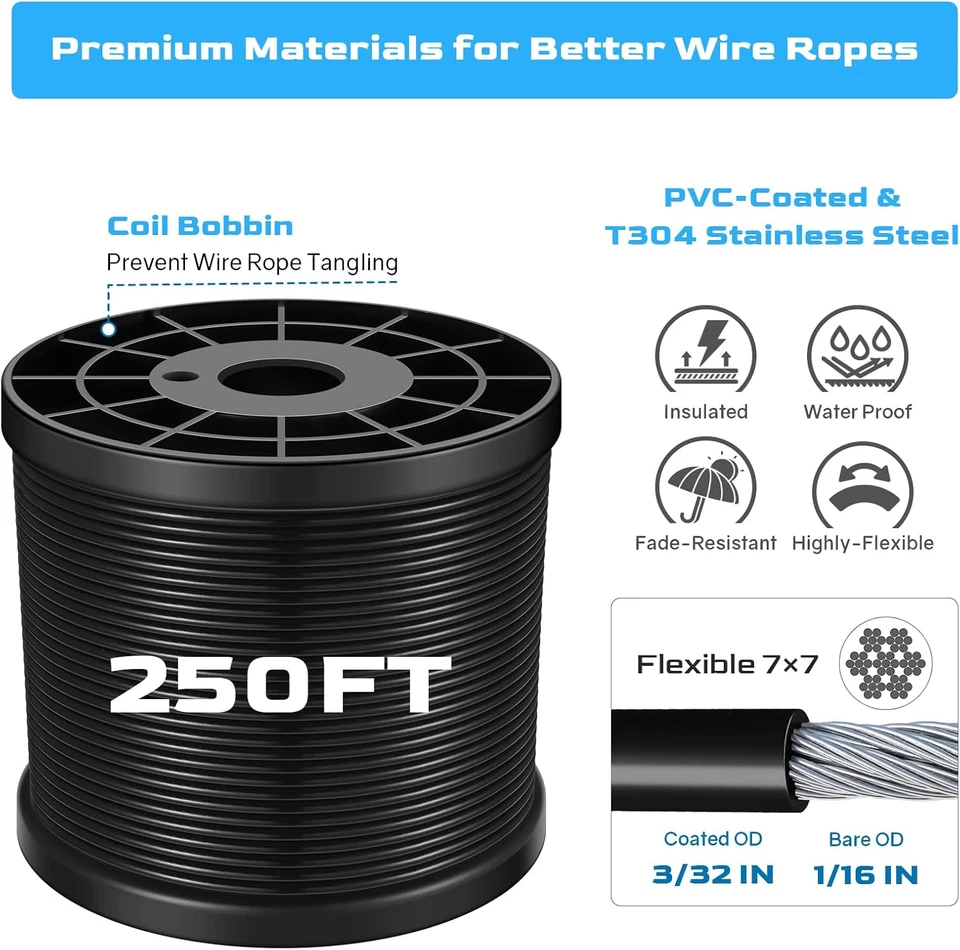 String Light Hanging Kit with 250 Ft Vinyl Coated 304 Stainless Steel Cable, Str - Image 3 of 4