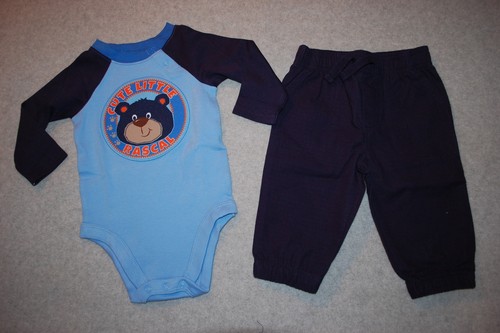Baby Boys Outfit NAVY & BLUE L/S SHIRT Bodysuit CUTE LITTLE RASCAL Pants 0-3 MO