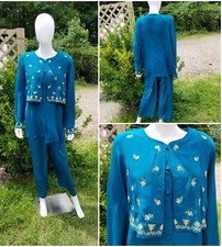 Vintage DVF Silk Turquoise green gold embroidered 2pc blouse  pant set L