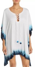 La Blanca St. Tropez Tunic Swim Cover Up Kaftan White Blue Tie Dye Hem L / XL
