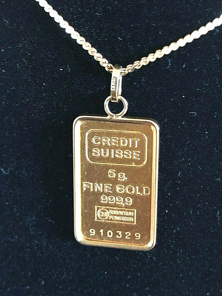 5g of 999.9 Pure gold Bar framed in 18K gold with 18K gold chain 27 3/4 in long