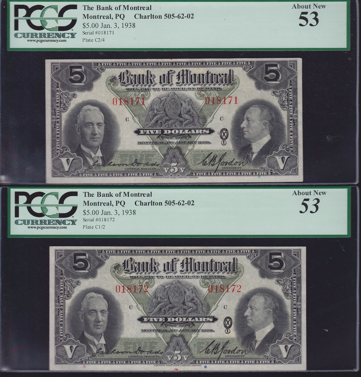 Lot of Max 42% OFF 2 Consecutive Max 54% OFF 1938 Chartered $5 Montreal Banknote Bank