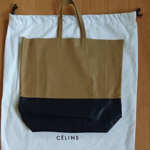 CELINE Horizontal Cabas Leather Large Tote Bag Beige & Navy Used Authentic
