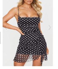PrettyLittleThings Dress Women Size 14 Black Mesh Polka Dot Ruched Bodycon