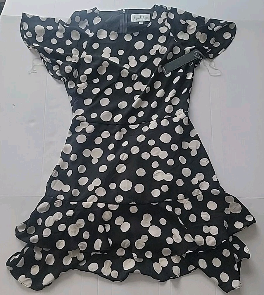 Nicole Miller Studio Black Size 6 White Polka Dot Ruffle Skirt Dress