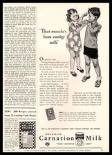 1942 Carnation Milk "Muscle's From Eating Milk" Girl Feels Boy's Arm Print Ad