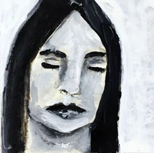 Woman Portrait Drawing Original B&W 4x4 Naive Outsider Art Hopeful Woman