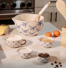 Thyme & Table Blue Bow Ceramic Measuring Bowl 5 pc Set Gold Handle New in Box