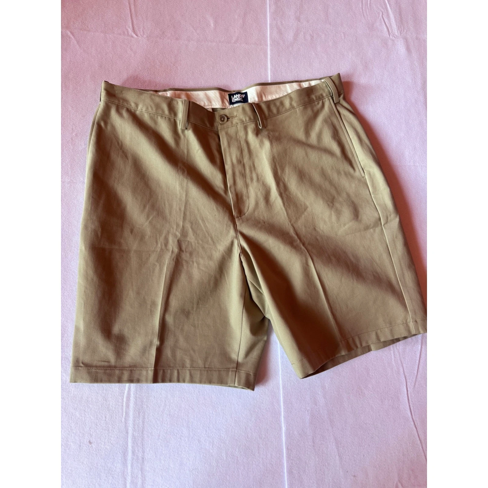 Lands End Mens 40 Traditional Fit Chino Shorts Khaki Tan Flat Front Cotton Twill